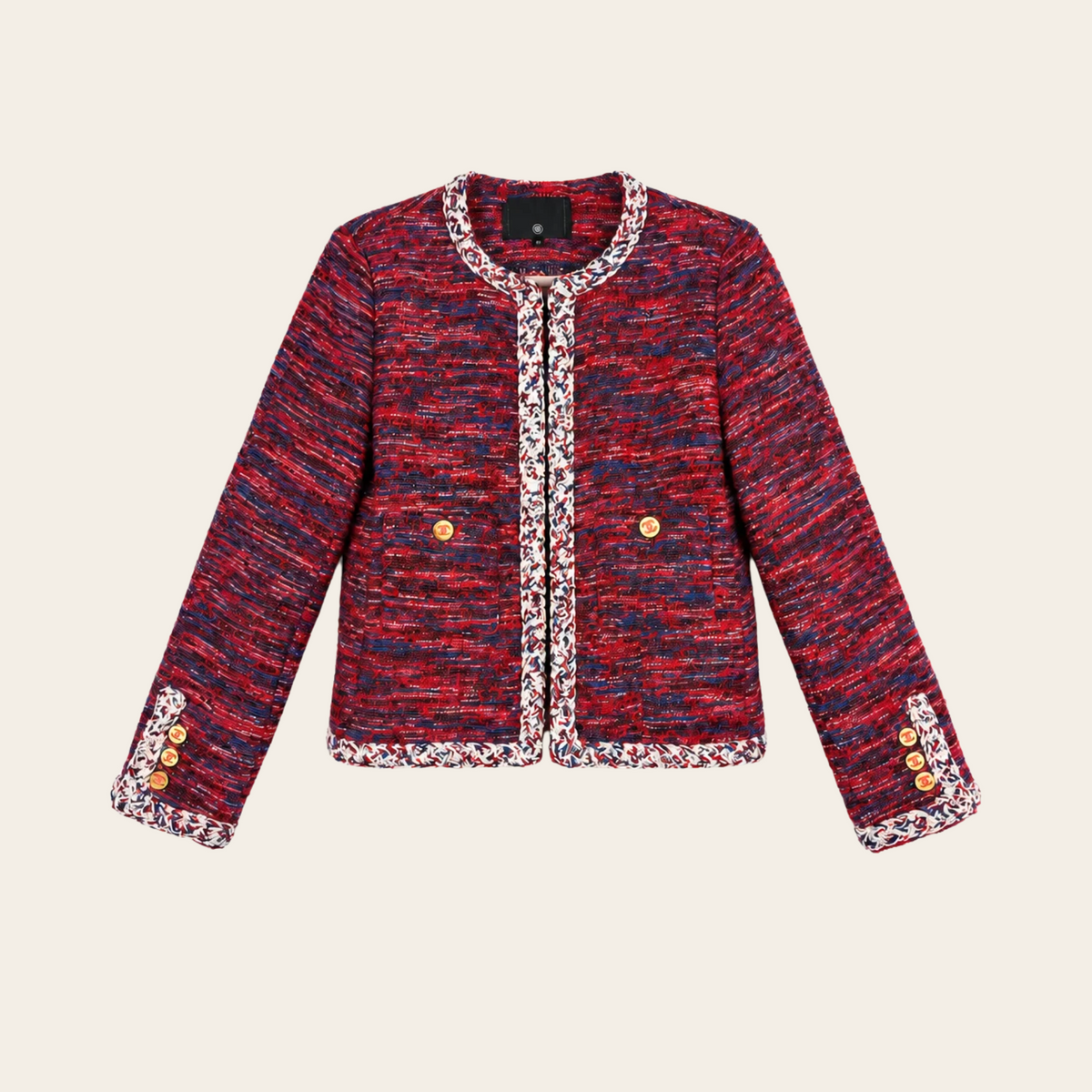 CHANEL — Veste en tweed rouge et bleu à galons tressés et boutons double C dorés, taille S/M (38 FR)