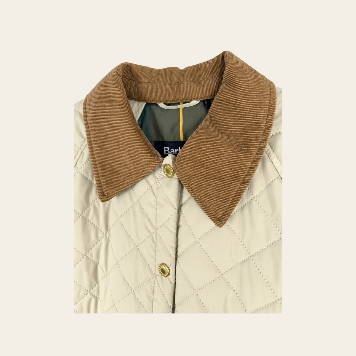 BARBOUR — Veste Anise matelassée beige à col en velours côtelé brun, taille 14 US
