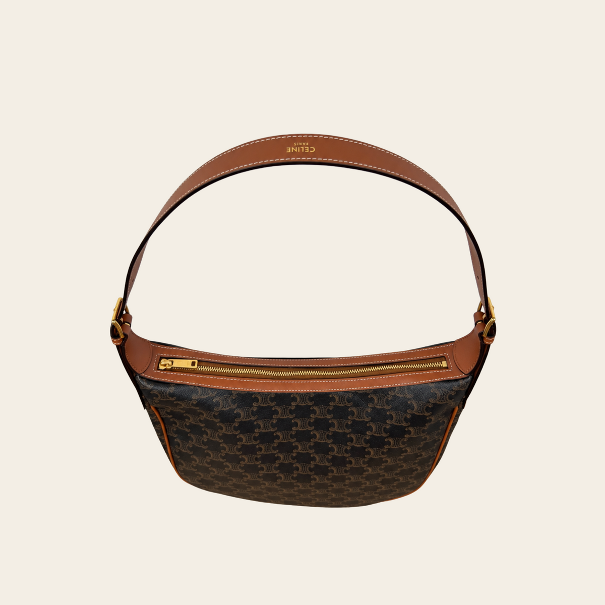 CELINE — Sac Heloïse Medium en toile Triomphe et cuir de veau cognac, taille M