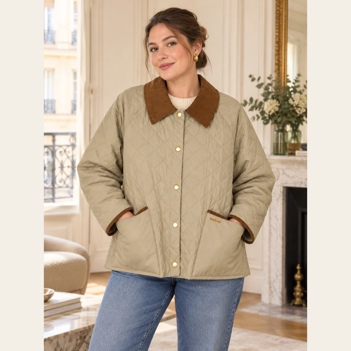 BARBOUR — Veste Anise matelassée beige à col en velours côtelé brun, taille 14 US