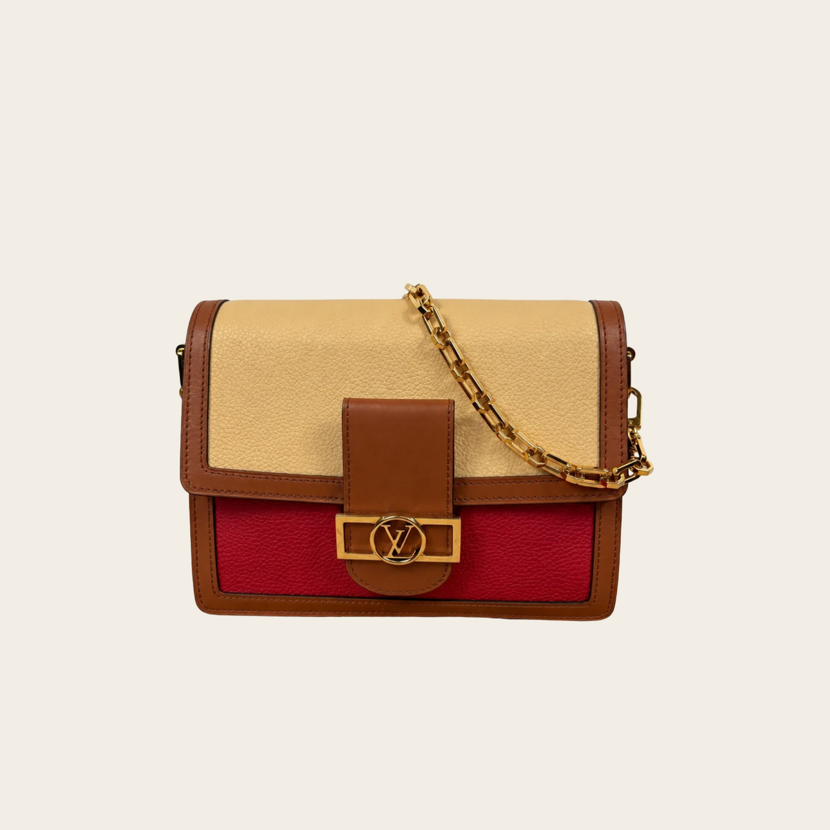 LOUIS VUITTON — Sac Dauphine MM en cuir tricolore crème, cognac et rose framboise
