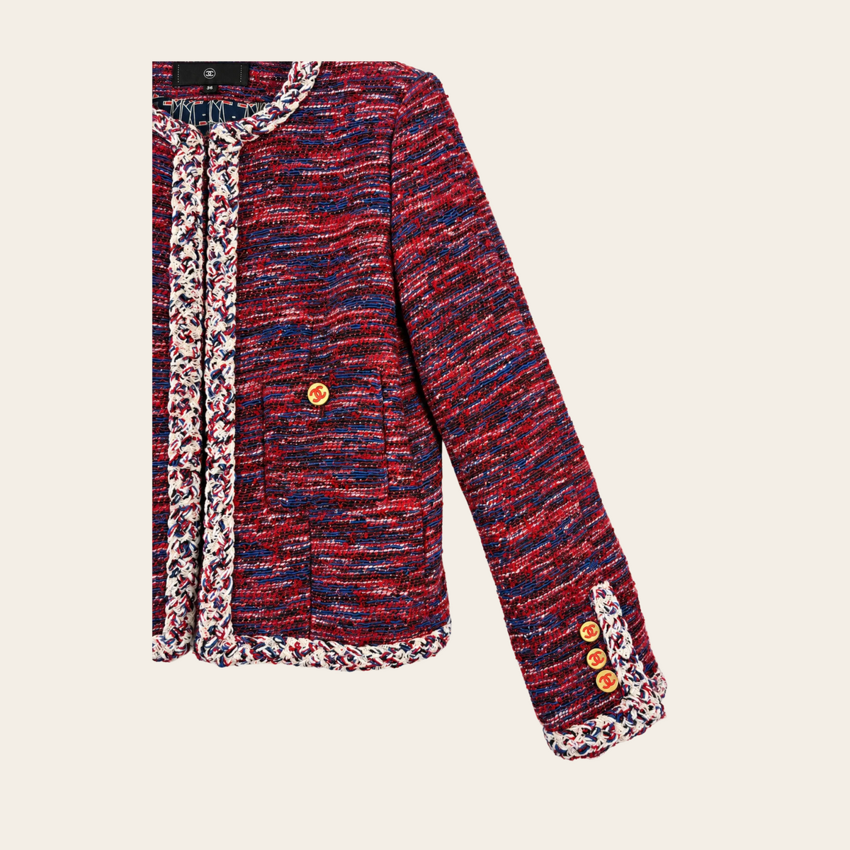 CHANEL — Veste en tweed rouge et bleu à galons tressés et boutons double C dorés, taille S/M (38 FR)