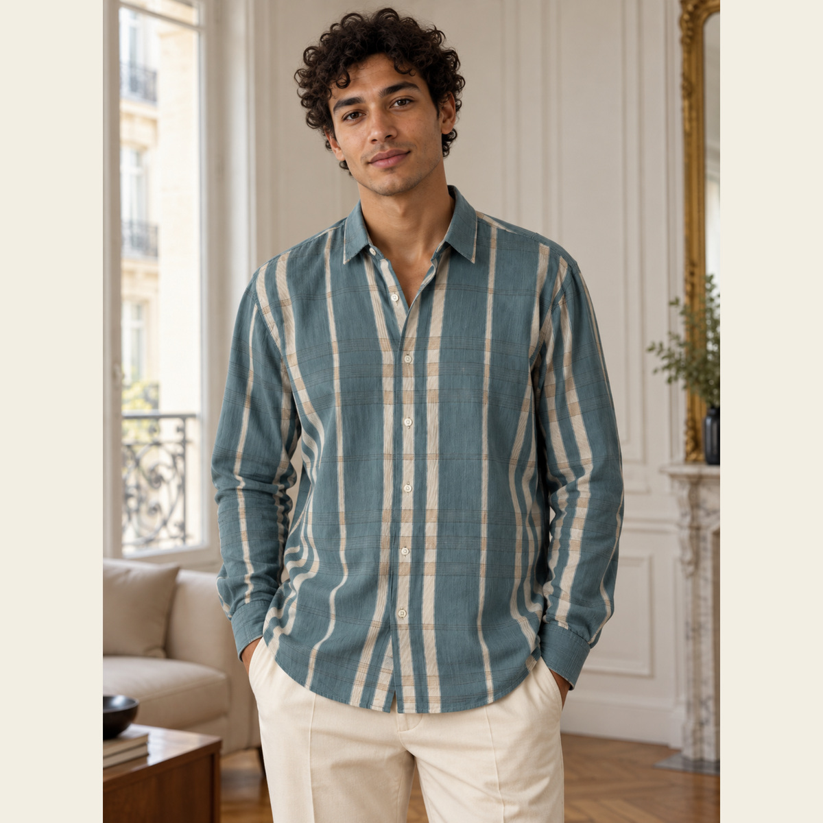 BURBERRY LONDON — Chemise à carreaux en coton et soie bleu grisé — L