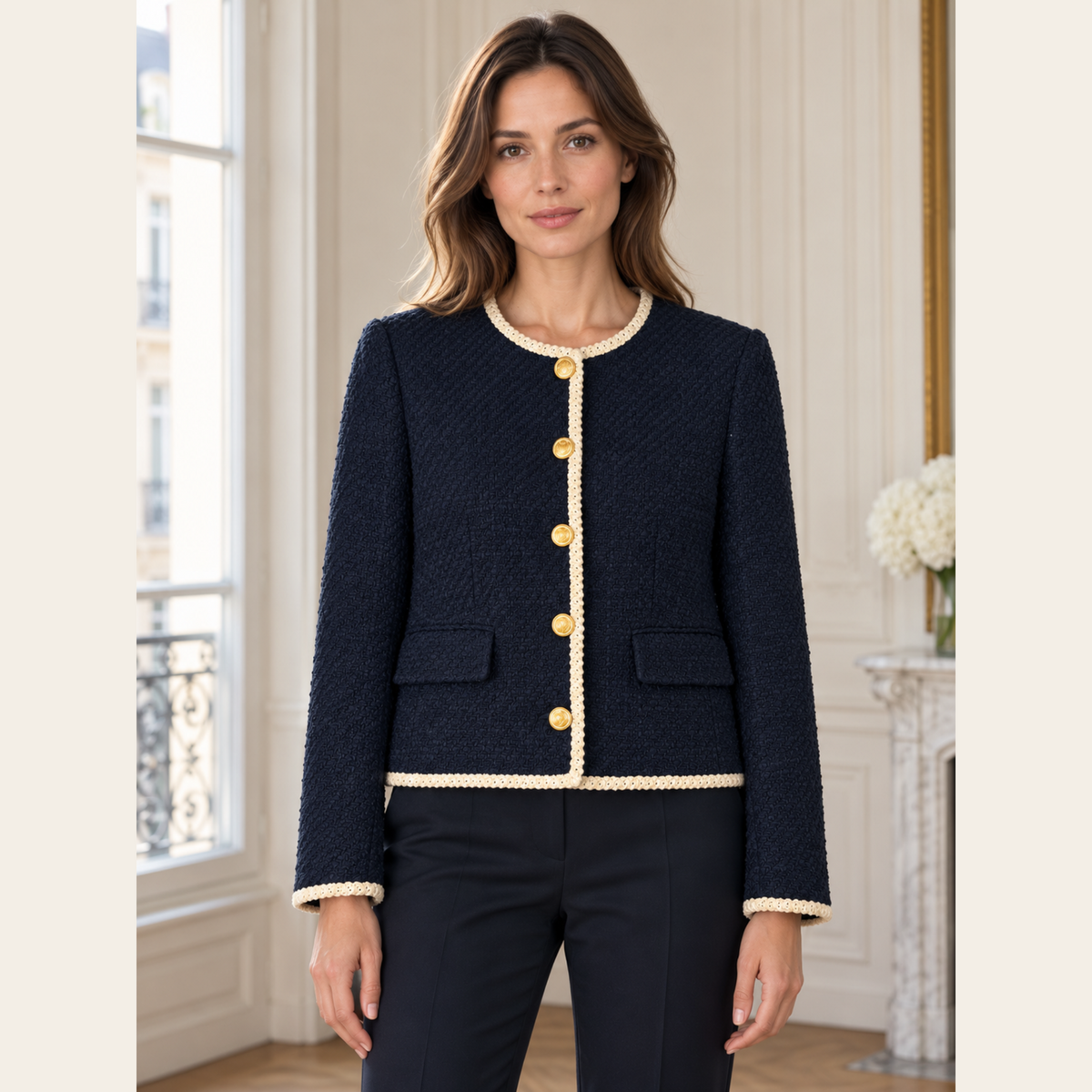 VERONICA BEARD — Veste Mabel en tweed bleu marine à galons écrus et boutons dorés — L (12 US)