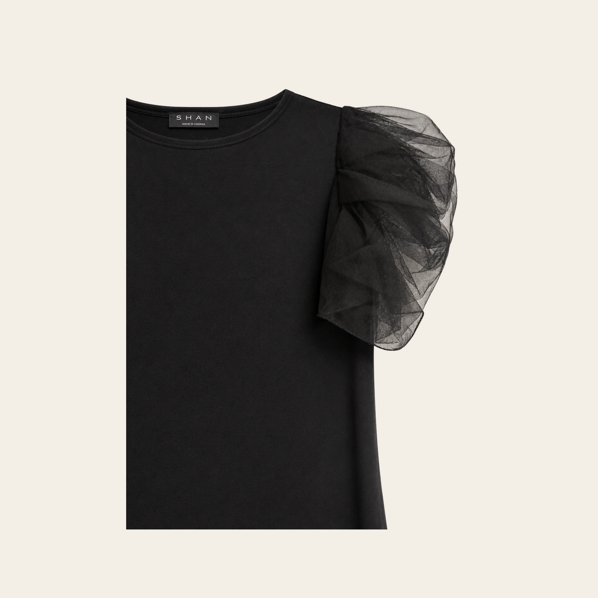 SHAN — Haut Ariel « Glamorous Puff-Sleeve Top » noir à manches bouffantes en tulle, L