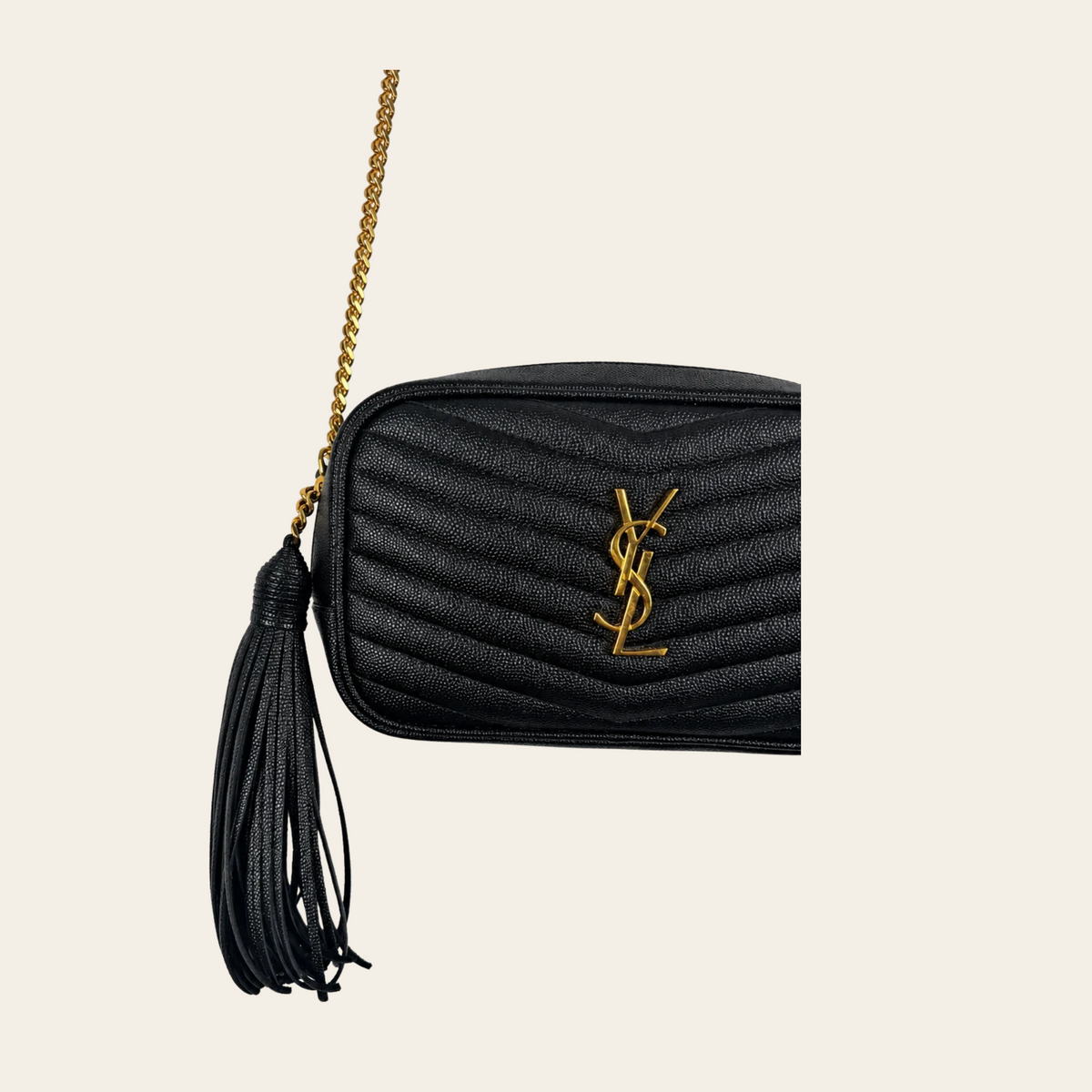 SAINT LAURENT — Sac Lou Camera en cuir grainé matelassé noir avec pompon