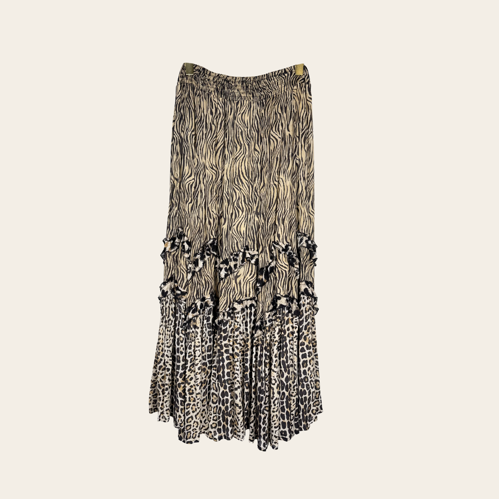 Miss June Paris – Jupe midi imprimé animalier à volants, M