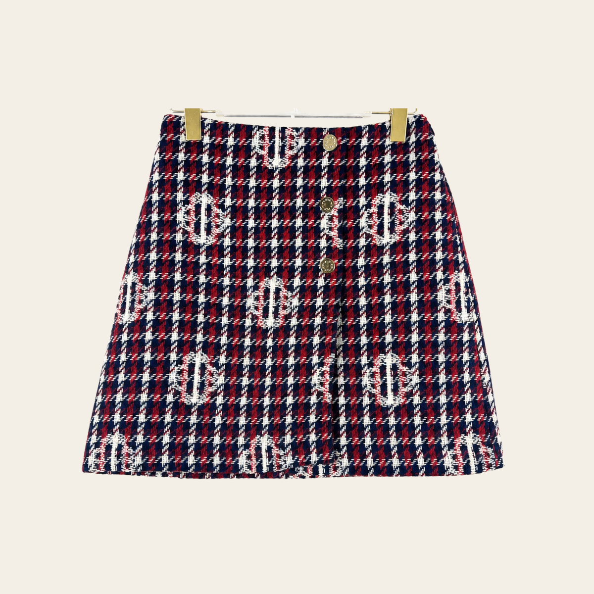 MAJE – Jupe JARGELO en Jacquard Clover à Carreaux Marine & Rouge, Taille 40