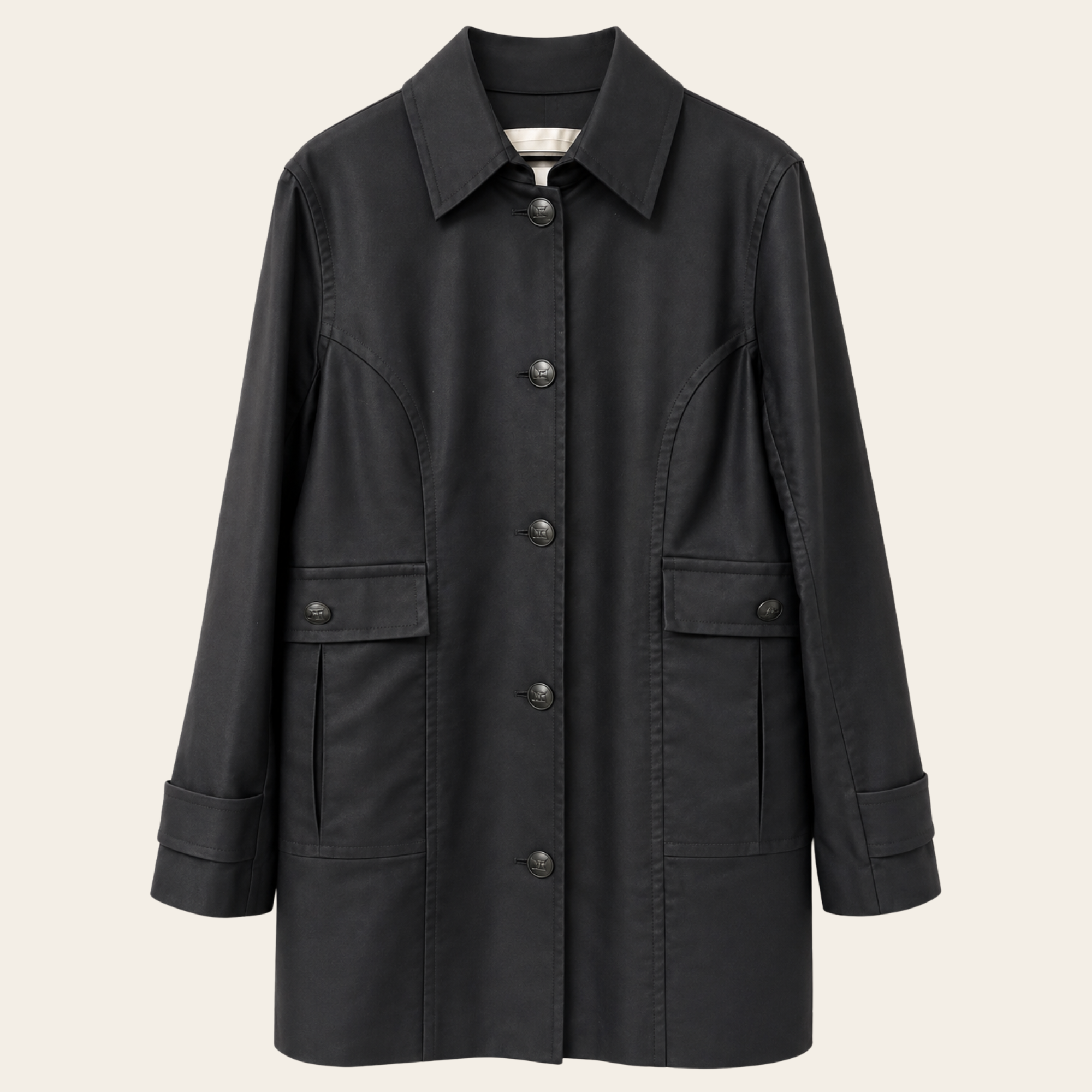 CHANEL – Manteau Utility Long en Coton Noir à Boutons CC, Taille 50