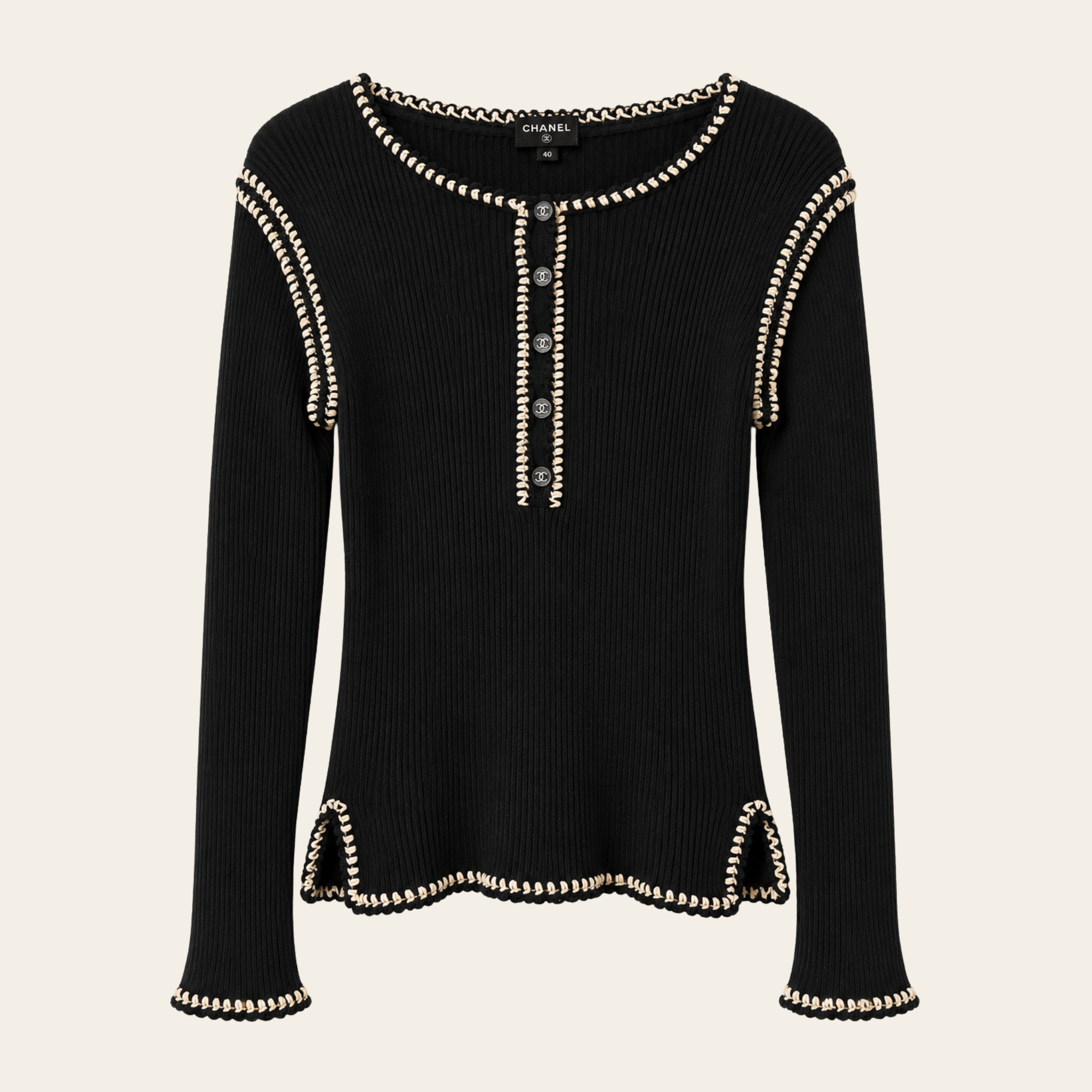 CHANEL – Haut en Maille de Coton Côtelée à Passementerie Contrastante, Taille 40