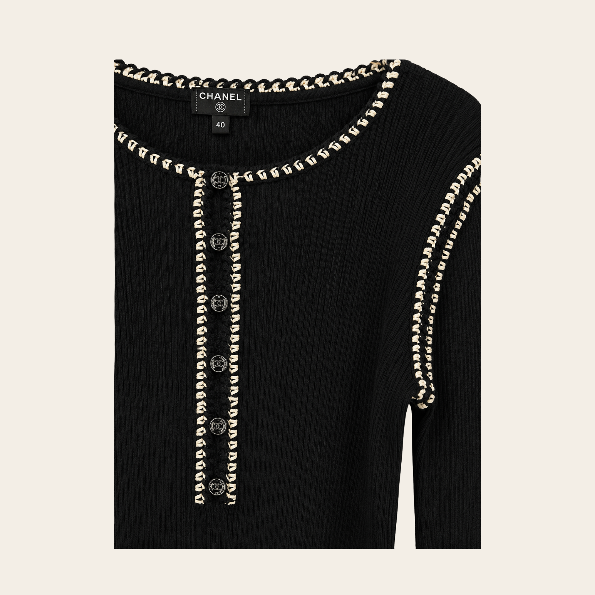 CHANEL – Haut en Maille de Coton Côtelée à Passementerie Contrastante, Taille 40