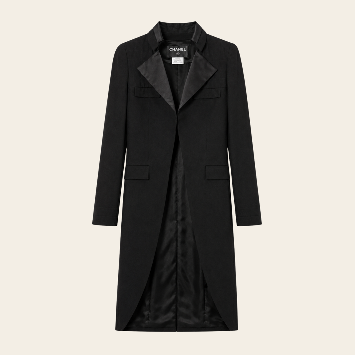 CHANEL – Long Wool & Silk Tuxedo Coat