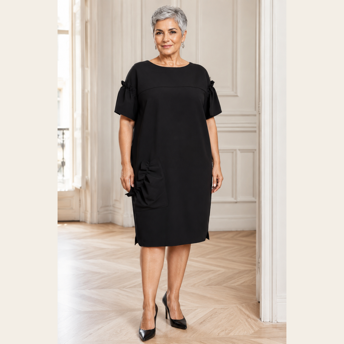 Marie Saint Pierre – Robe noire à manches volantées sculpturales et poche froncée – Taille 5 (L)
