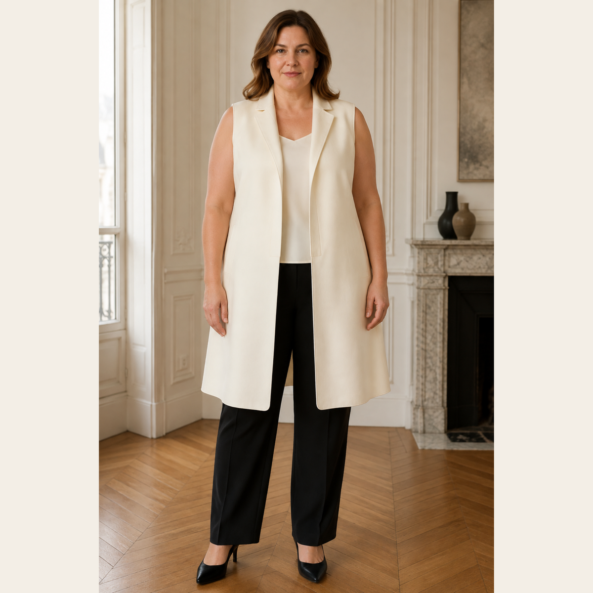 MARIE SAINT PIERRE — Veste longue sans manches en jersey ivoire,  L