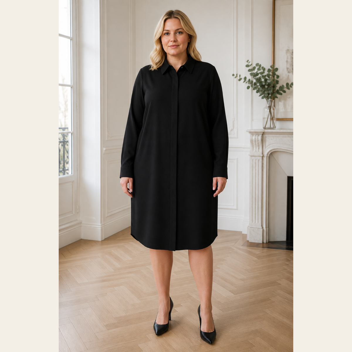 MARIE SAINT PIERRE – Robe-chemise / tunique longue à col pointu – Noir, 5 ( L/XL)