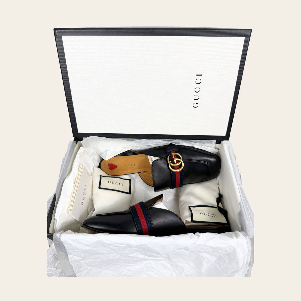GUCCI – Mules Princetown en cuir avec bande Web et Double G – Noir – Taille 39