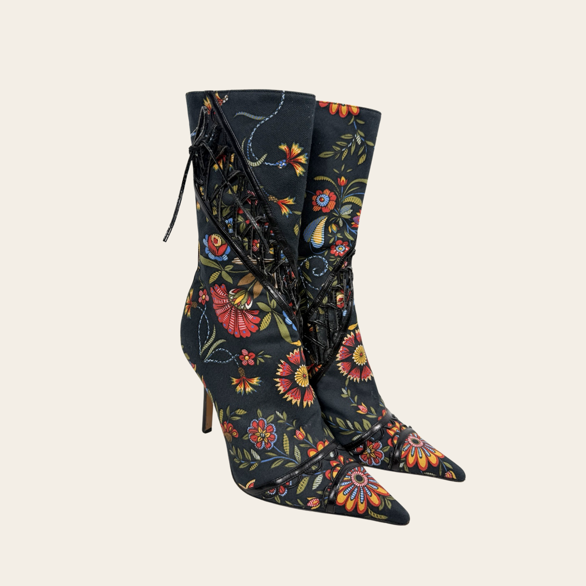 CHRISTIAN DIOR – Bottines Trianon en jacquard floral à laçage corset – Taille 37½
