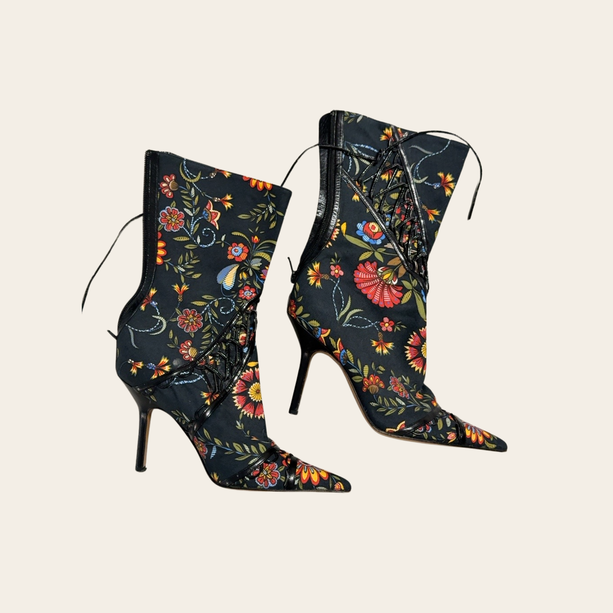 CHRISTIAN DIOR – Bottines Trianon en jacquard floral à laçage corset – Taille 37½