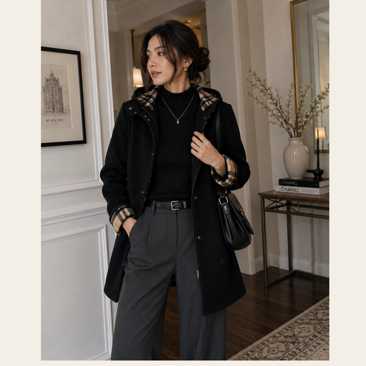 BURBERRY LONDON – Manteau Roney New à capuche en laine mélangée avec doublure Check – Noir – Taille 44 (L)