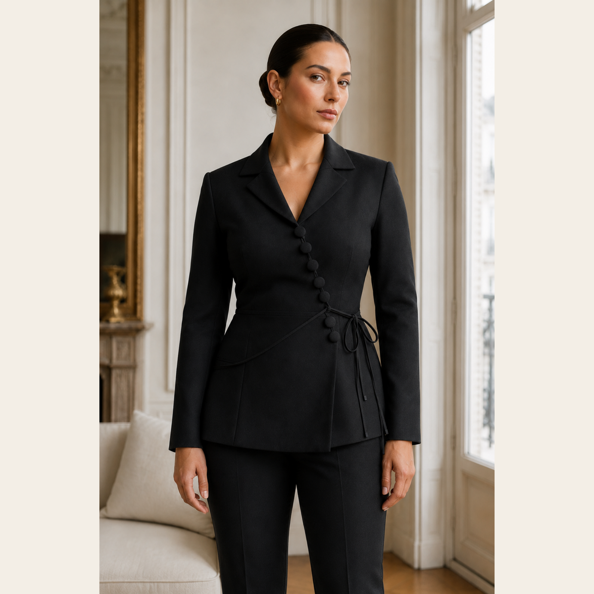 CHRISTIAN DIOR CAREER – Blazer portefeuille vintage à boutons recouverts – Noir – Taille 8 (M)