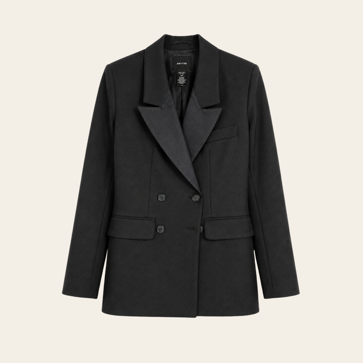 SMYTHE – Blazer long double boutonnage à revers contrastants en soie – Noir – Taille S