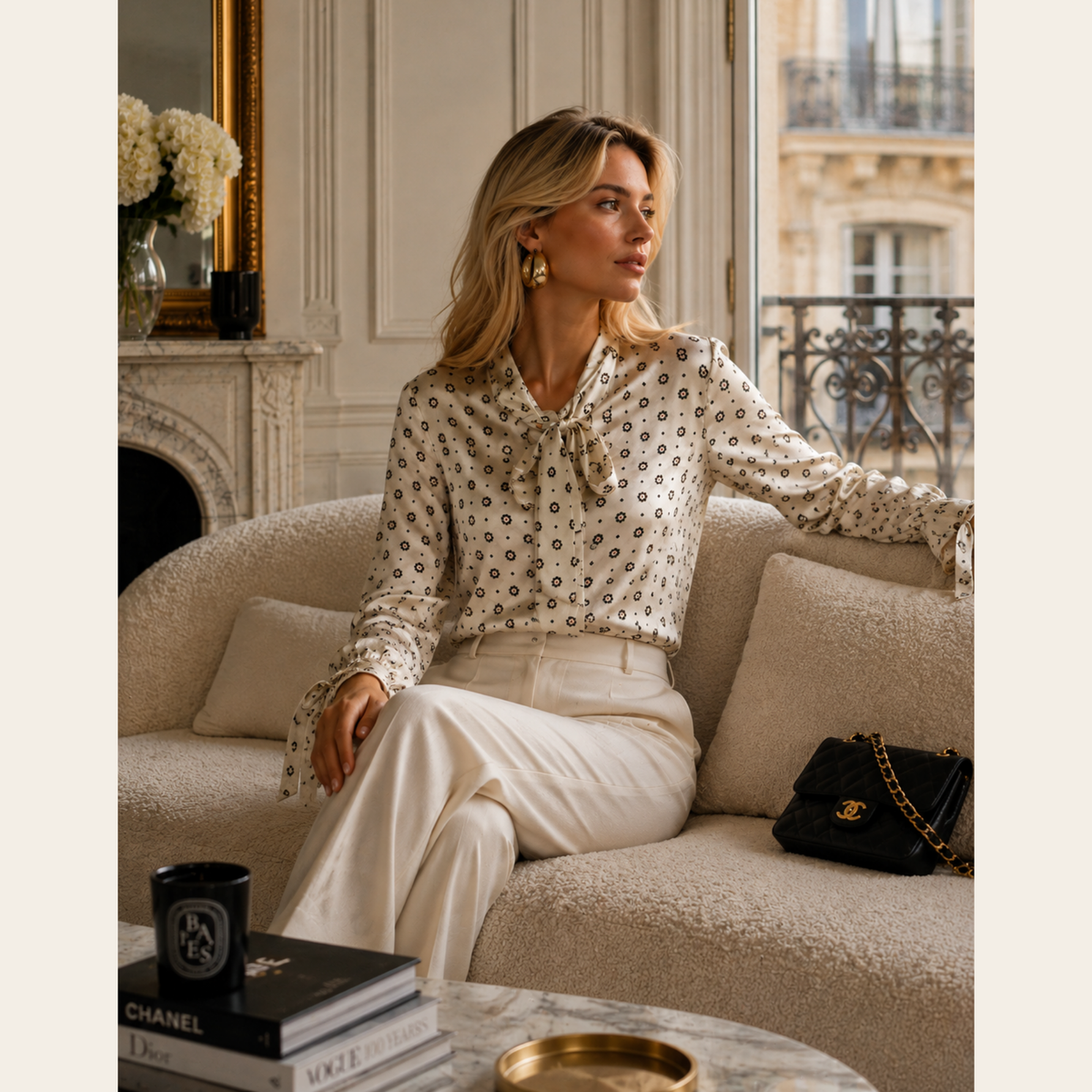 ANINE BING – Esther Top en soie imprimée à col lavallière – Ivoire – Taille XS
