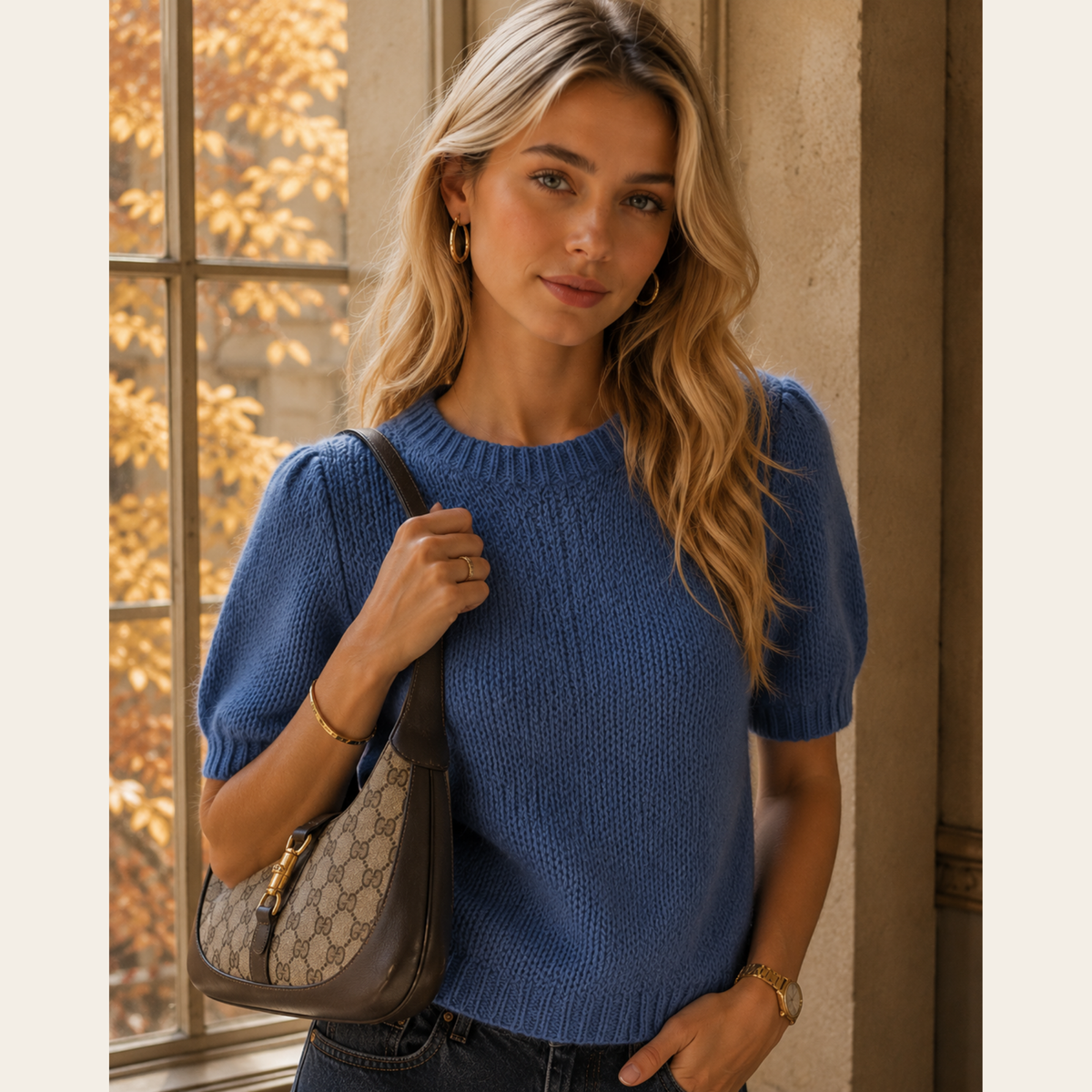 ANINE BING – Pull en kid mohair & laine mérinos à manches courtes – Bleu pervenche – Taille S