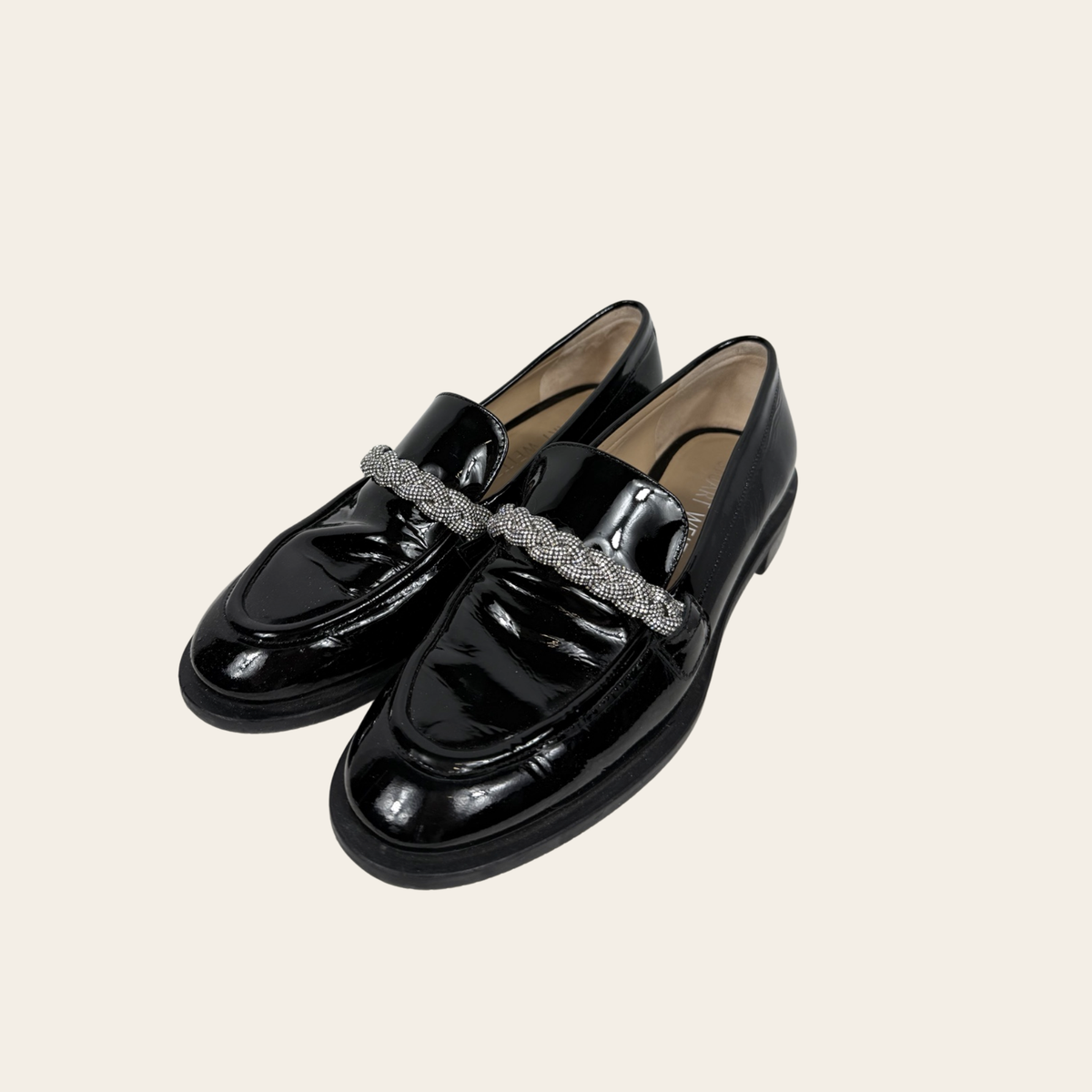 STUART WEITZMAN – Palmer Hishine Loafers en cuir verni à tresse de cristaux – Noir – Taille 38 / US 7.5