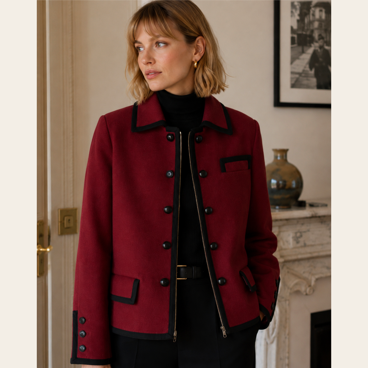 SAINT LAURENT RIVE GAUCHE – Veste vintage bordeaux à galons noirs – Taille 36 (S)