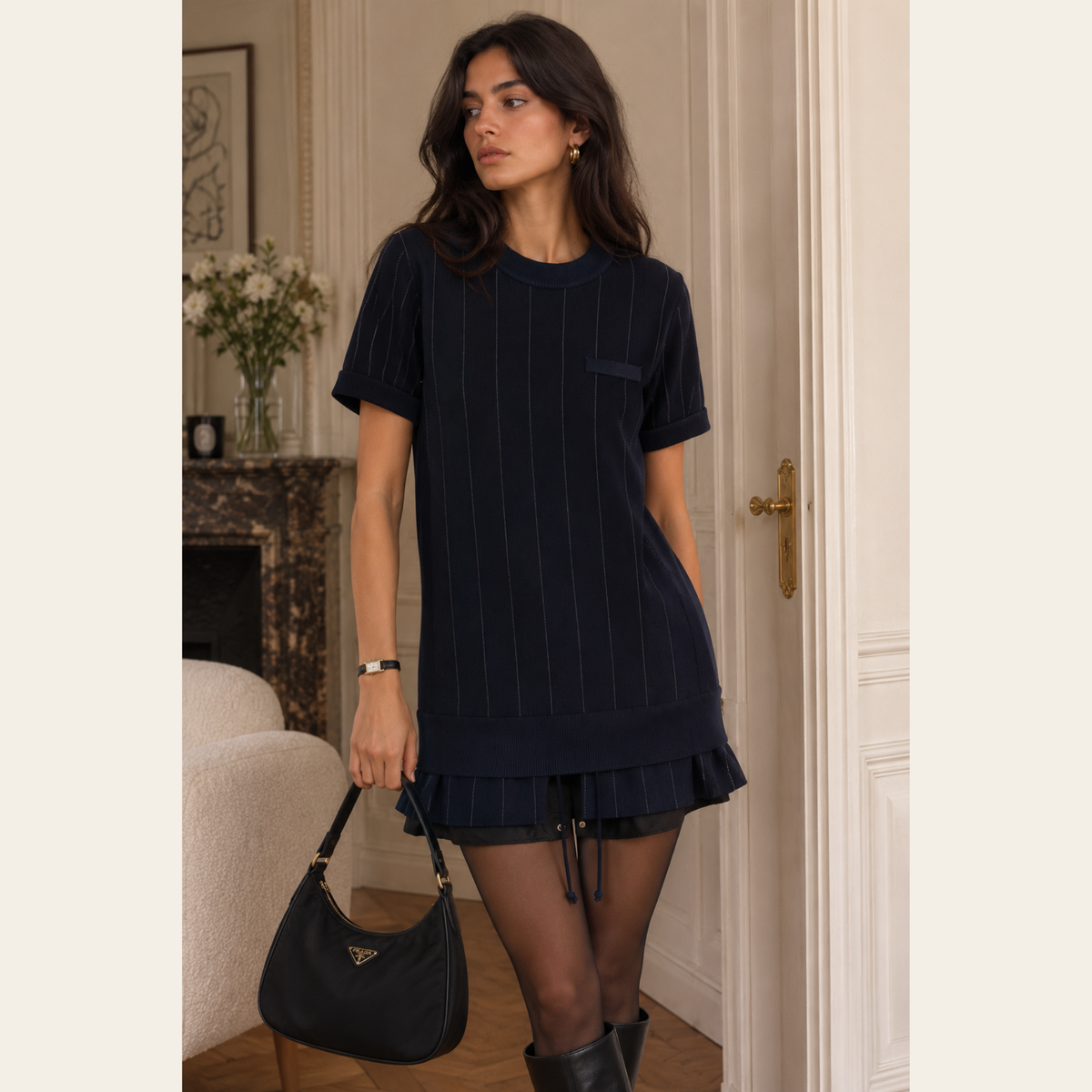 SACAI – Robe tunique hybride en maille rayée à empiècements plissés – Bleu marine – Taille 2 (M)