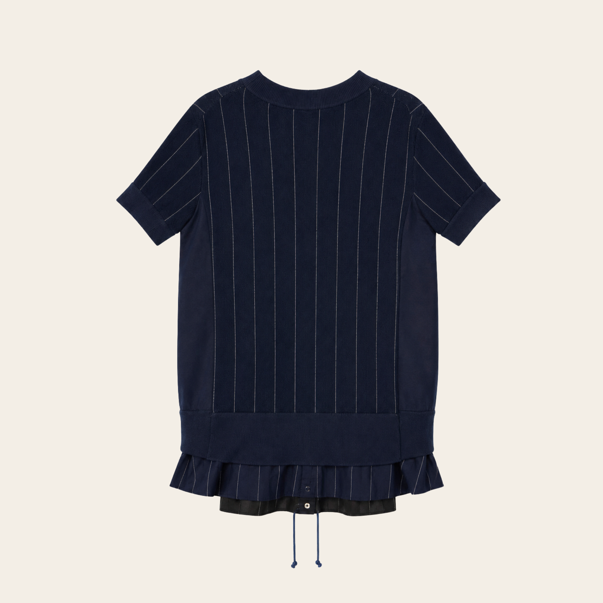 SACAI – Robe tunique hybride en maille rayée à empiècements plissés – Bleu marine – Taille 2 (M)