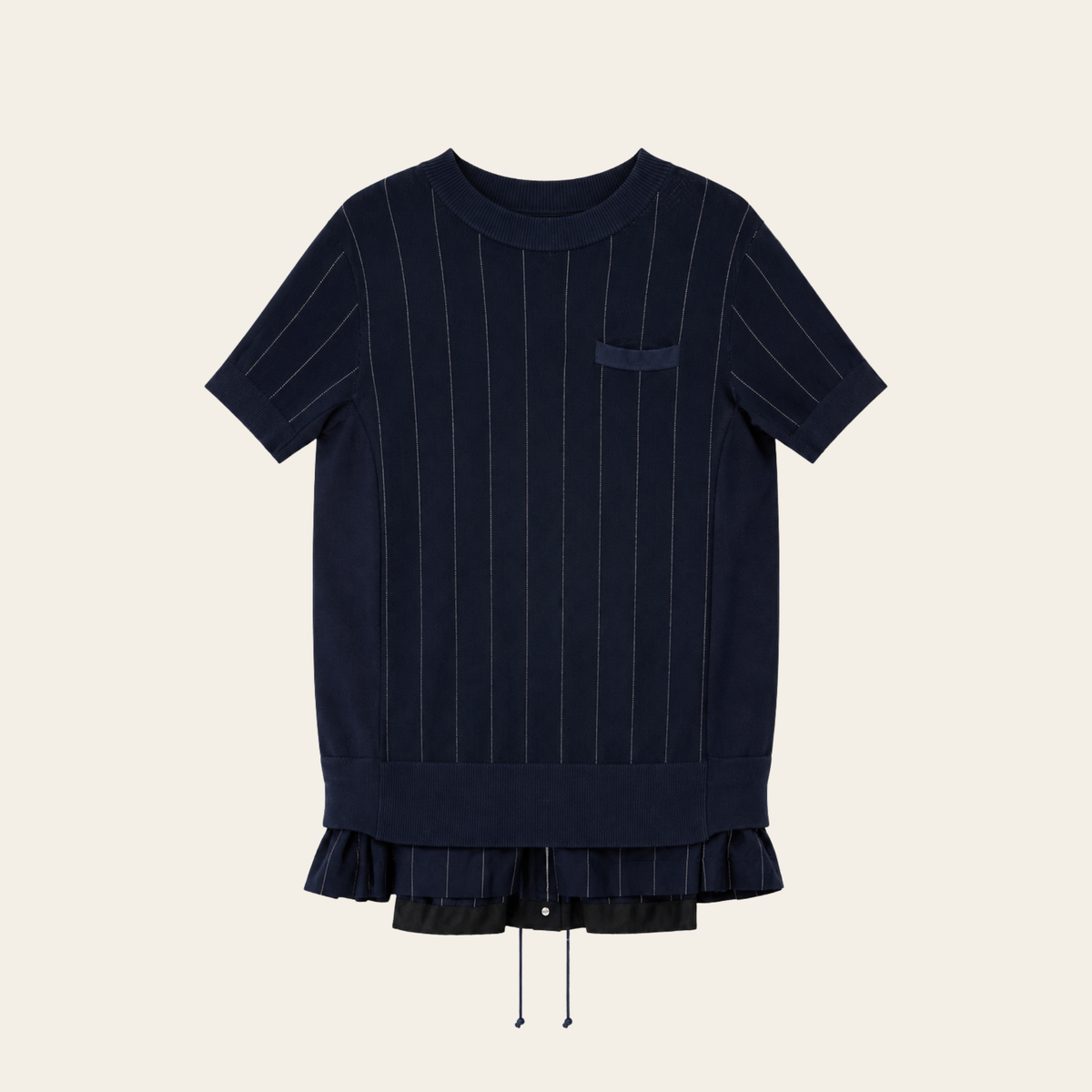 SACAI – Robe tunique hybride en maille rayée à empiècements plissés – Bleu marine – Taille 2 (M)