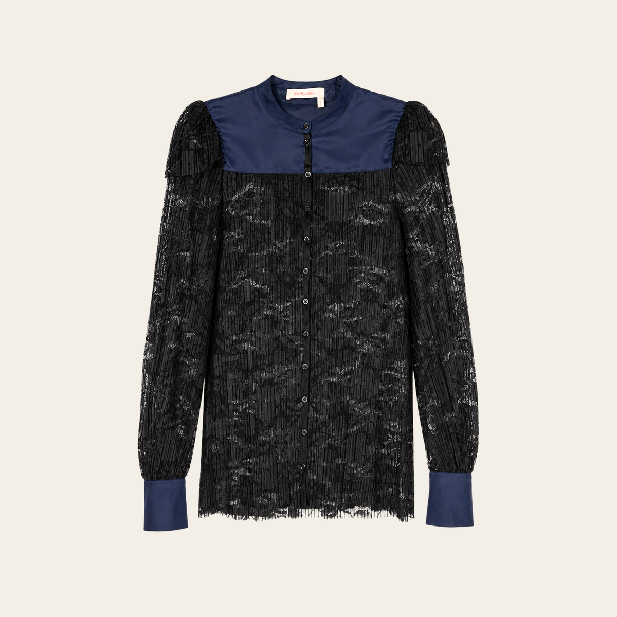 SEE BY CHLOÉ – Blouse en dentelle plissée à empiècements satinés – Noir & bleu marine – Taille 2