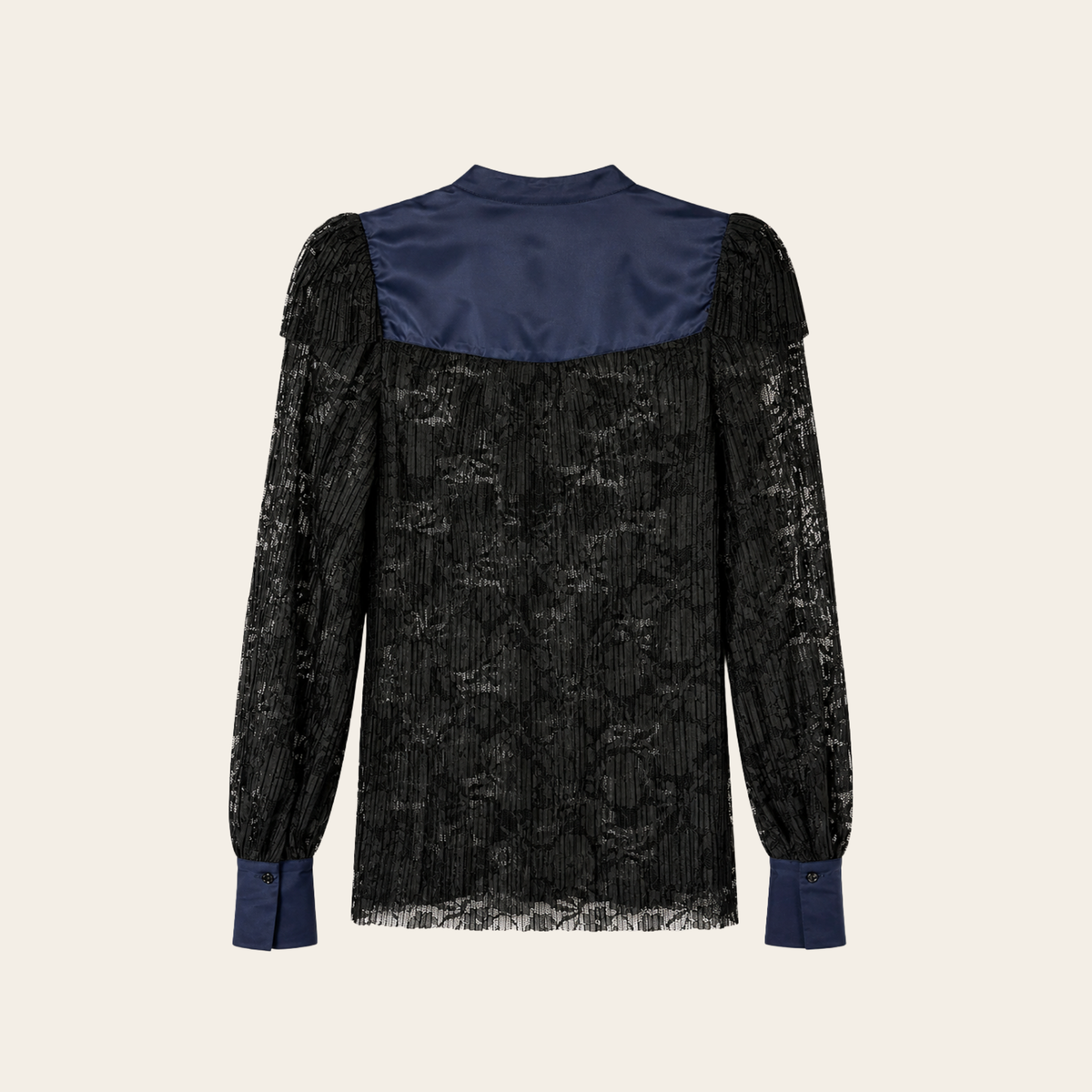 SEE BY CHLOÉ – Blouse en dentelle plissée à empiècements satinés – Noir & bleu marine – Taille 2