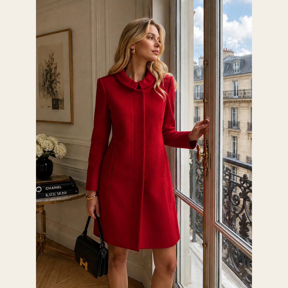 AKRIS – Manteau long structuré à col arrondi – Rouge – Taille US 6 / FR 38 (S/M)