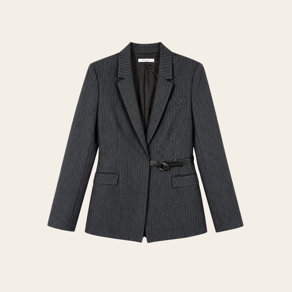 GENNY – Blazer à fines rayures en pure laine vierge avec ceinture en cuir – Gris anthracite – Taille IT 44 (M)