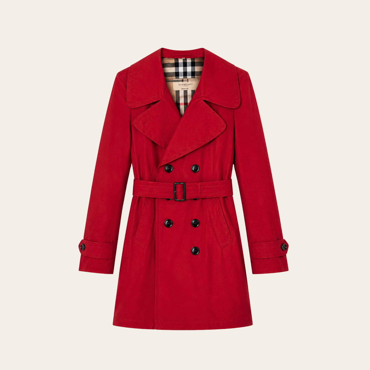 BURBERRY LONDON – Trench ceinturé en coton enduit à doublure Check – Rouge - Taille M