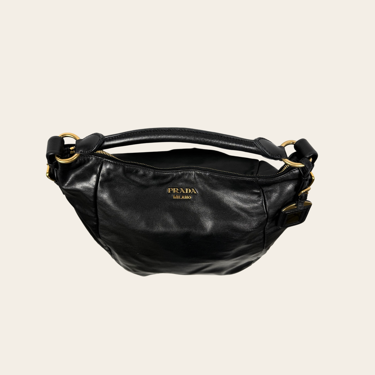 PRADA – Large Soft Calf Hobo BR4268 en cuir de veau – Noir & doré – Grand modèle