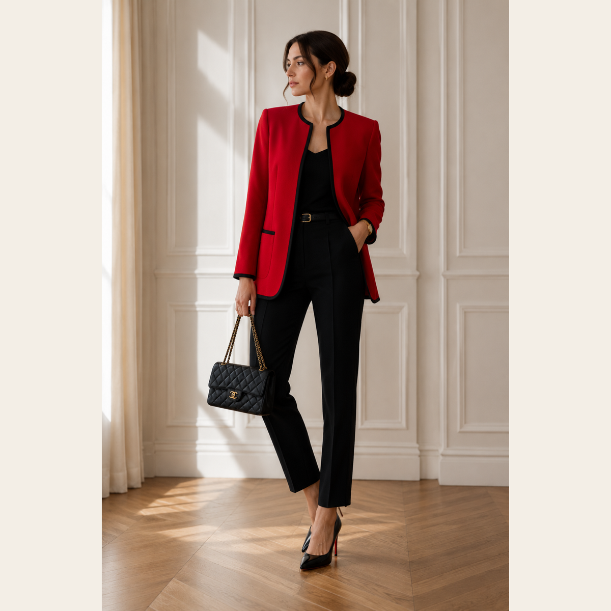 CHRISTIAN DIOR VINTAGE “THE SUIT” – Veste longue sans col à passepoil contrastant – Rouge & noir – Taille US 6 (M)