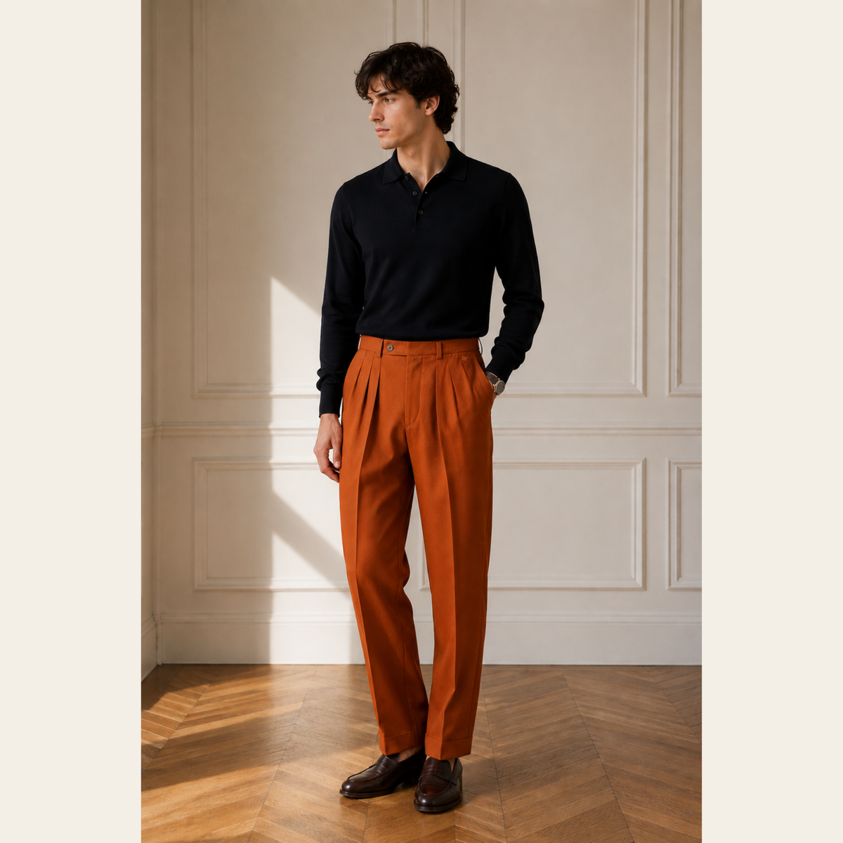 CHRISTIAN DIOR MONSIEUR VINTAGE – Pantalon chino à pinces en coton avec monogramme CD brodé – Cognac – Taille 44