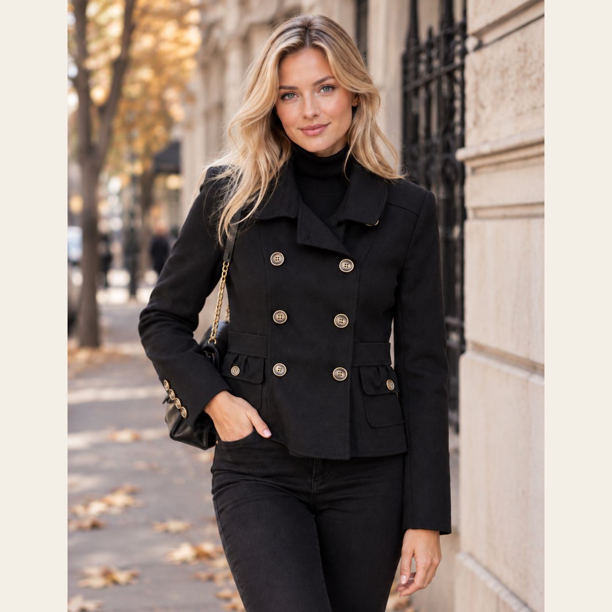 BURBERRY — Veste militaire noire en laine à double boutonnage et basque, Taille 2