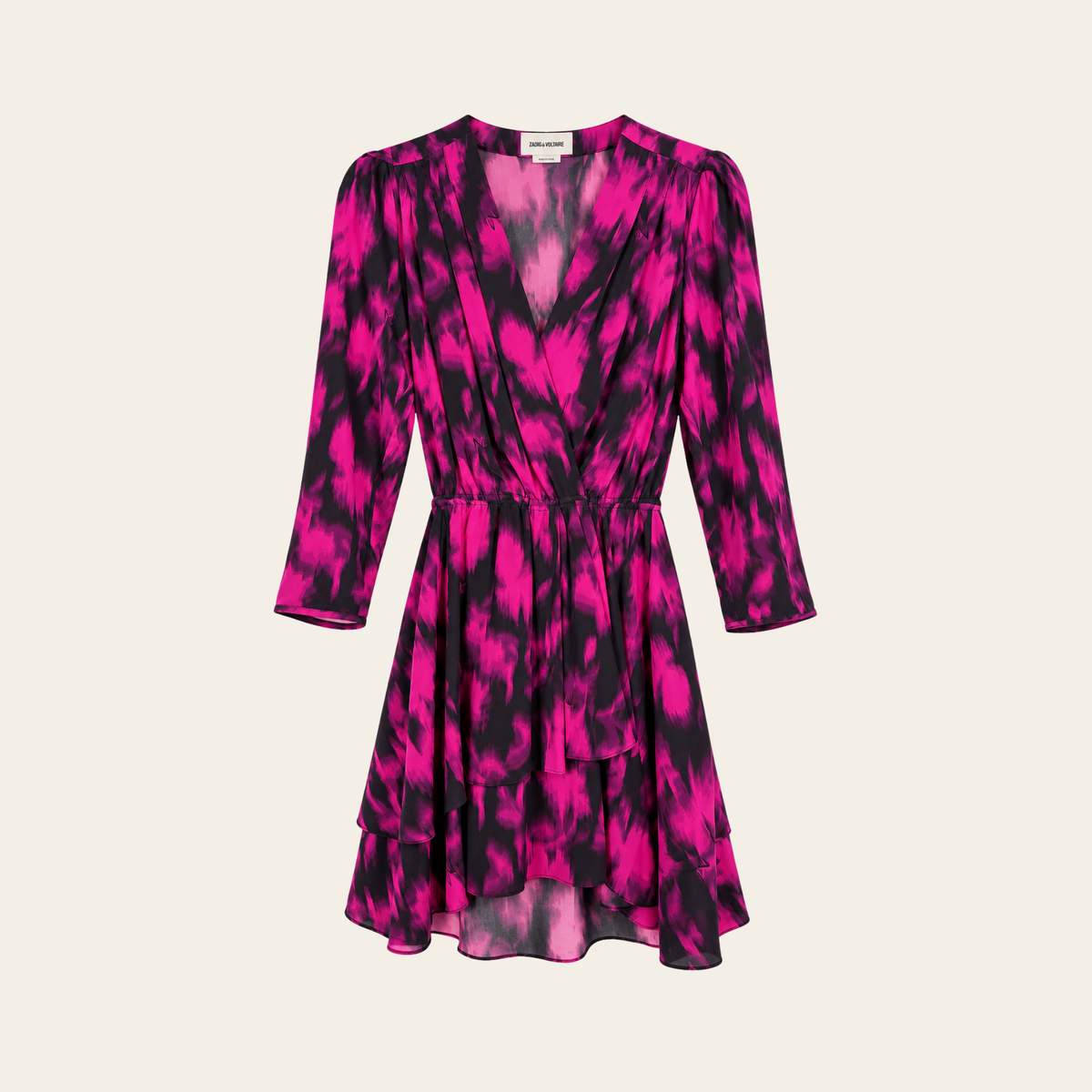 ZADIG & VOLTAIRE — Robe Rogers CDC Spray en soie imprimée rose et noire, Taille XS