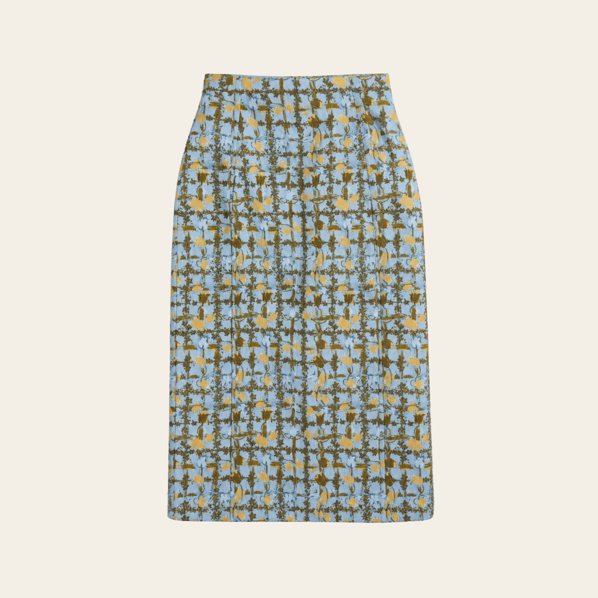 CHRISTIAN DIOR — Jupe crayon en jacquard floral bleu ciel et or, Taille FR 40