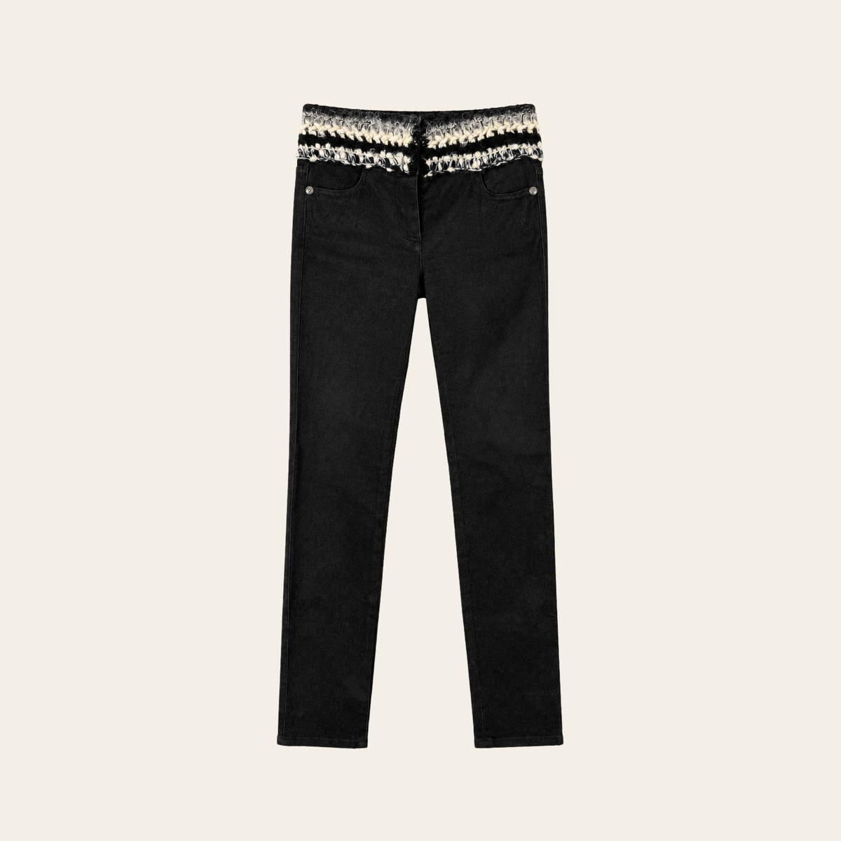 CHANEL — Pantalon slim noir en coton à ceinture tressée contrastante, Taille FR 36