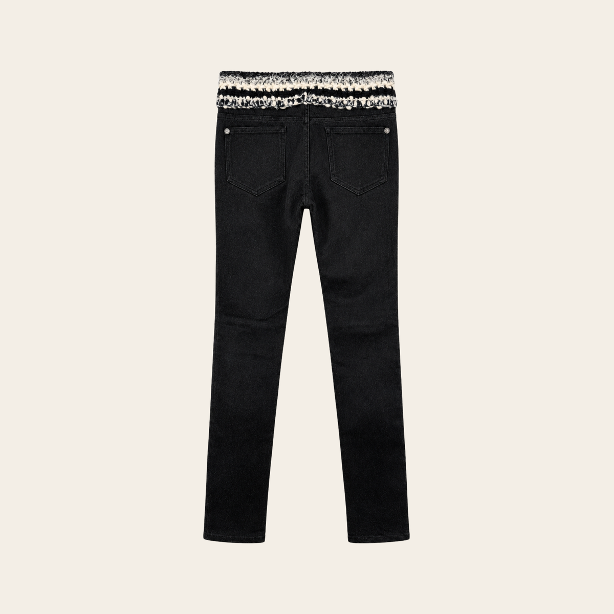 CHANEL — Pantalon slim noir en coton à ceinture tressée contrastante, Taille FR 36