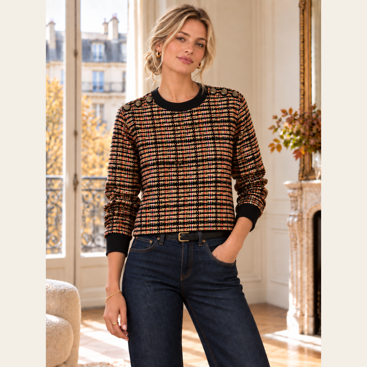 SEE BY CHLOÉ — Sweat-shirt en tweed multicolore et coton noir à boutons aux épaules, Taille FR 38 / IT 42
