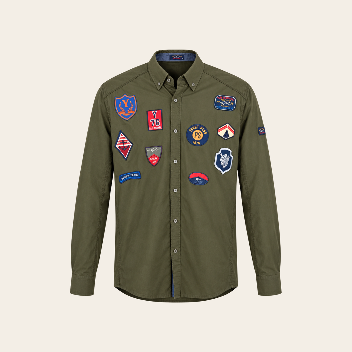 PAUL & SHARK YACHTING — Chemise militaire kaki à écussons nautiques brodés, Taille L / EU 42