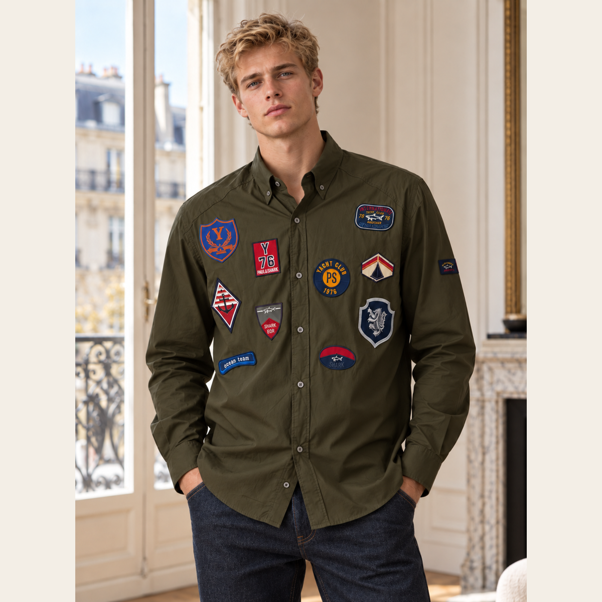 PAUL & SHARK YACHTING — Chemise militaire kaki à écussons nautiques brodés, Taille L / EU 42