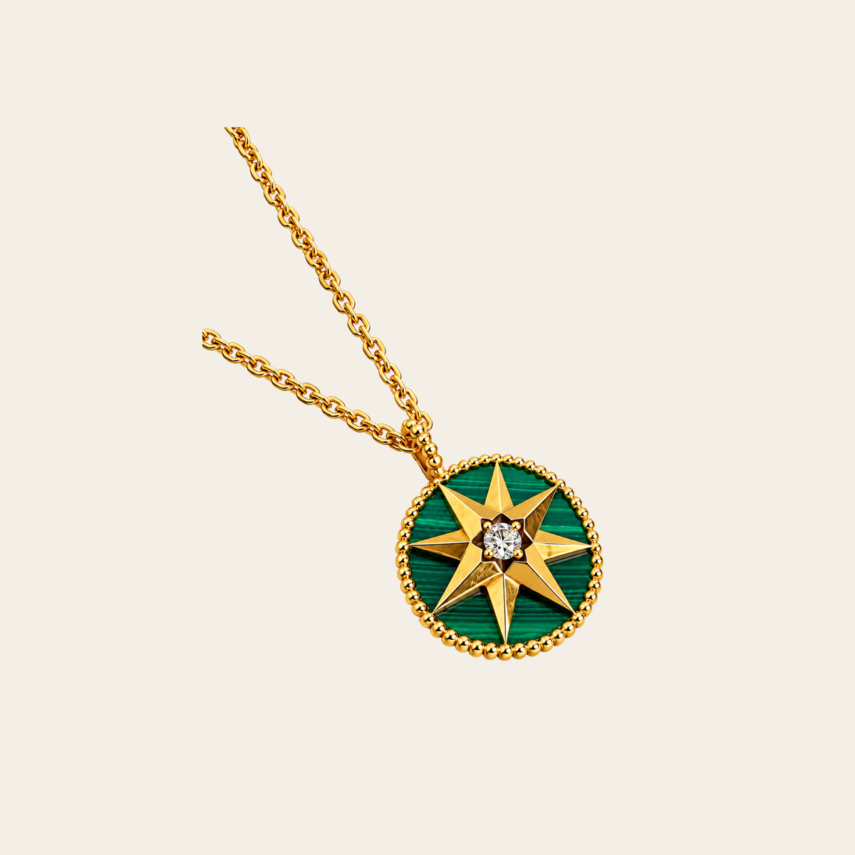 CHRISTIAN DIOR — Collier médaillon Medium Rose des Vents en or jaune, malachite et diamant