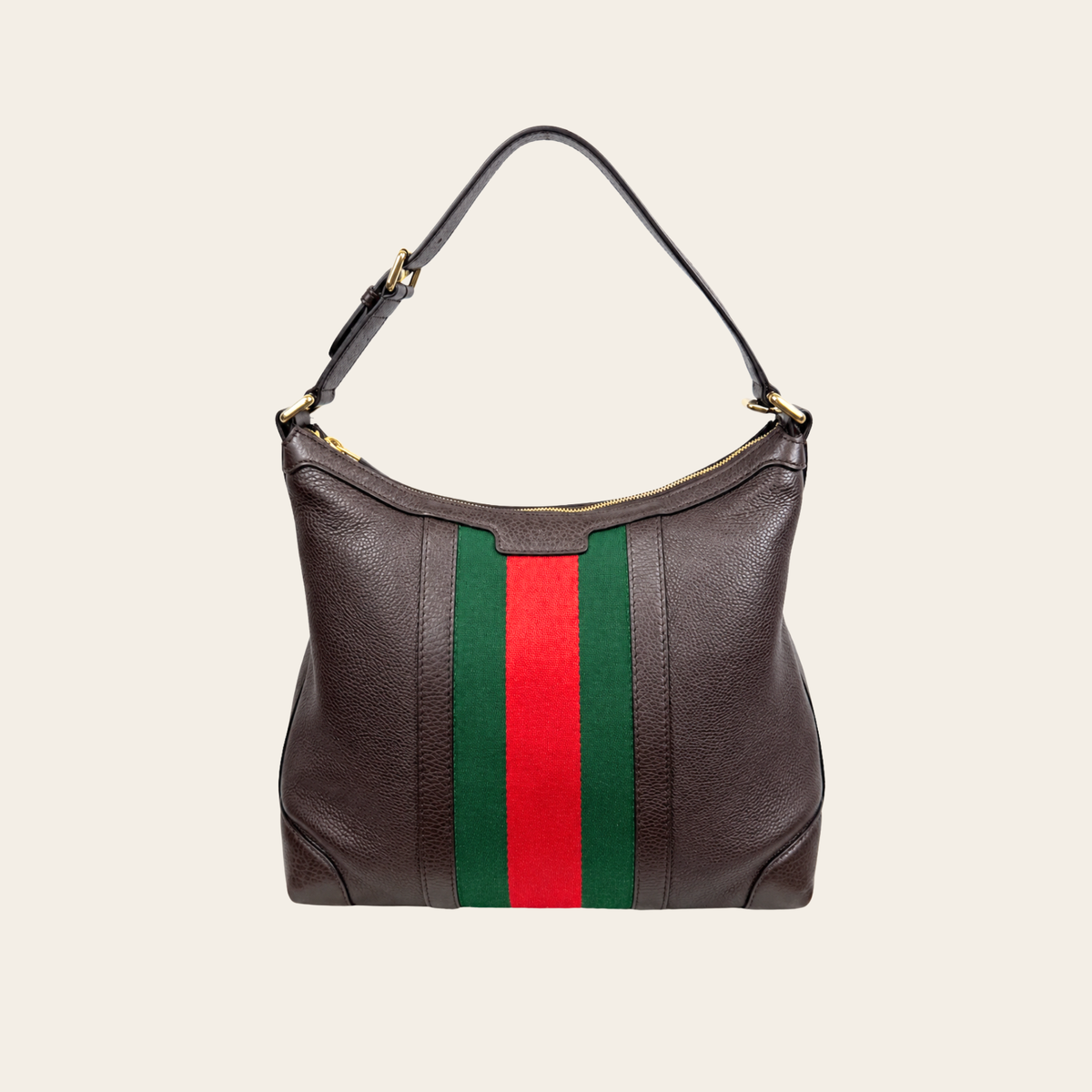 GUCCI — Sac Vintage Web Medium Hobo en cuir grainé brun à bande Web vert et rouge